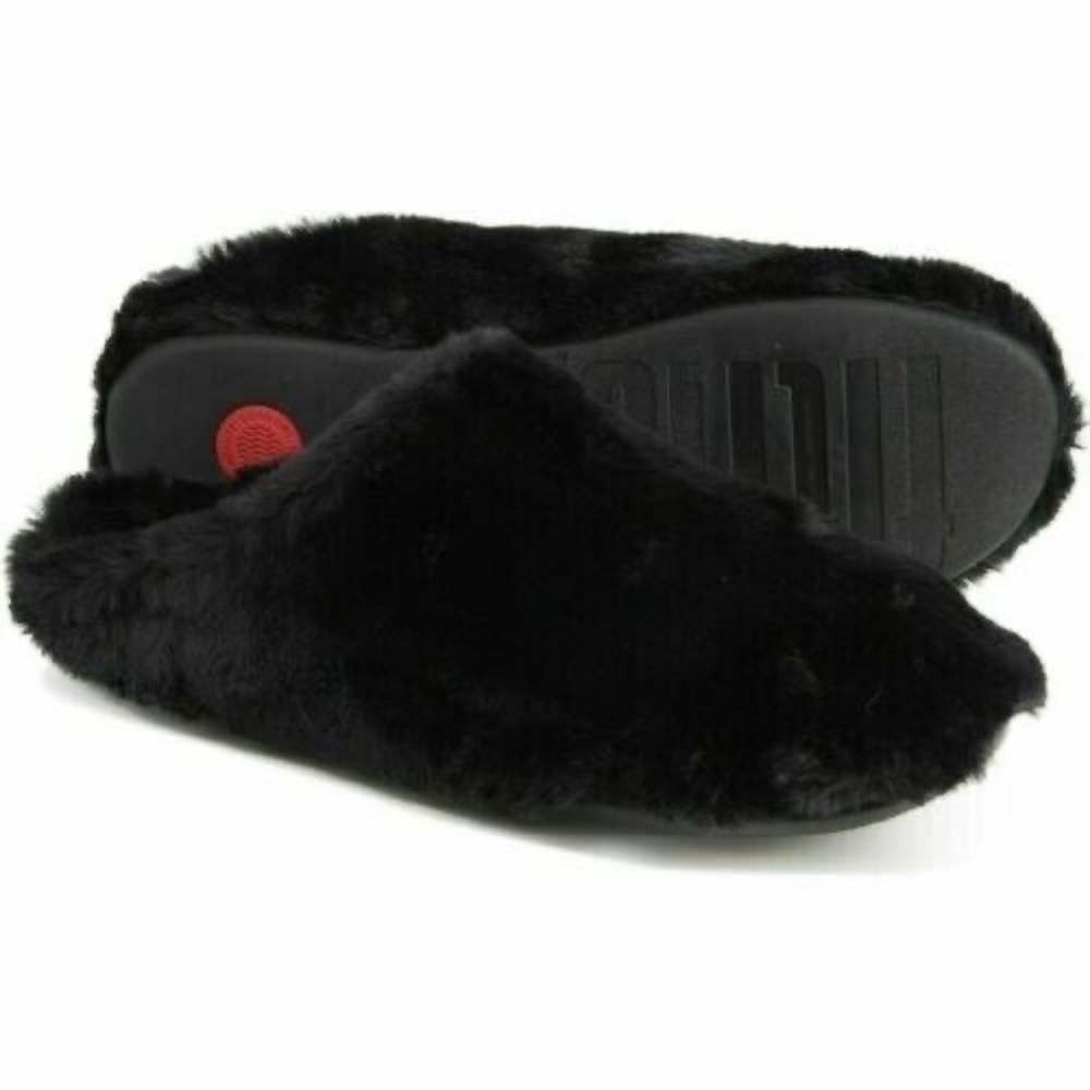 NEW FitFlop Womens Furry FAUX FUR ALL BLACK Mule slip on SOFT Slippers NIB